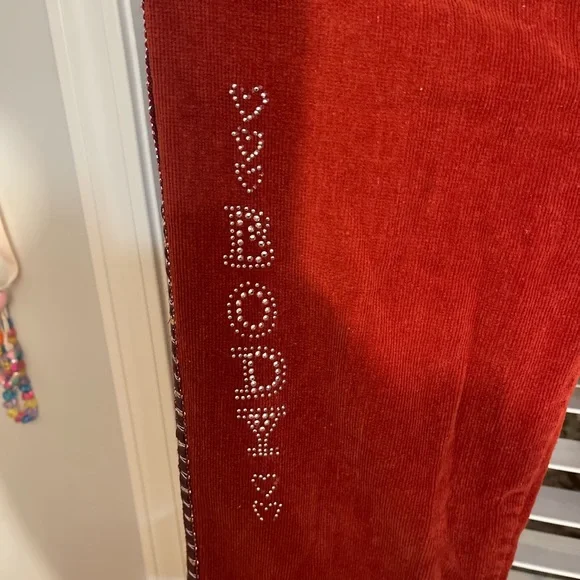 Corduroy red kids pants with ribbon like trim on the side with bell bottoms - Picture 2 of 5